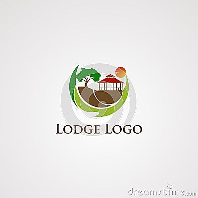 Lodge logo vector, with beautiful sun and circle wave, element, and icon for company Vector Illustration