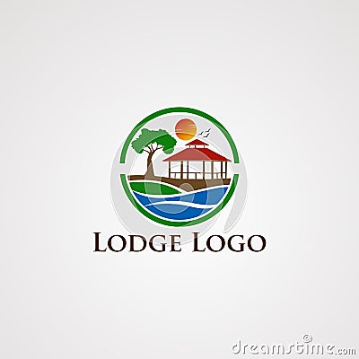 Lodge logo vector with circle wave beautiful sun flying bird, template, element, and icon Vector Illustration