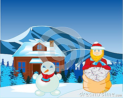 Santa with letter on background of the lodge in winter wood Vector Illustration
