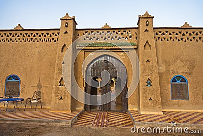 Lodges in Casbah style at the edge of Sahara desert in Merzouga, near Erg Chebbi in Morocco Stock Photo