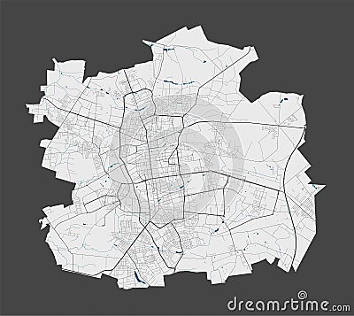 Lodz map. Detailed map of Lodz city poster with streets, water Vector Illustration