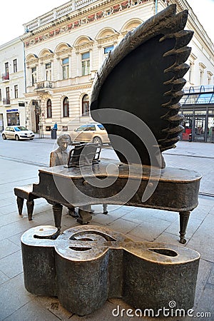 Lodz, Poland, December 12, 2018: Monument Arthur Rubinstein, Piotrkowska Street Editorial Stock Photo