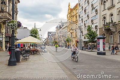 Piotrkowska Street. Main shopping street and representative, shopping and entertainment promenade. Editorial Stock Photo