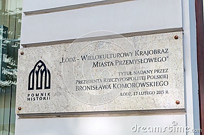 Plaque commemorating Lodz - a multi cultural landscape of an industrial city Editorial Stock Photo