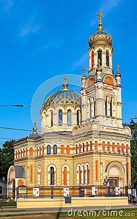 Alexander Nevsky Eastern Orthodox cathedral at Kilinskiego street in historic industrial city center of Lodz old town in Poland Editorial Stock Photo