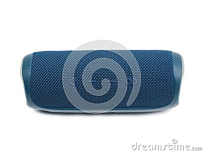 Blue JBL Flip 5 portable Bluetooth speaker isolated on white background. Editorial Stock Photo