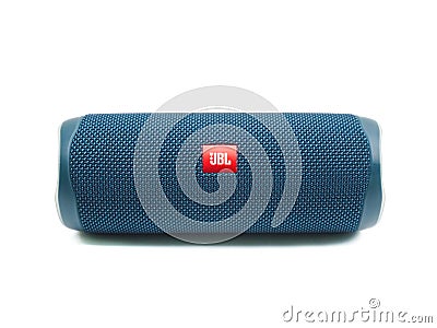 Blue JBL Flip 5 portable Bluetooth speaker isolated on white background. Editorial Stock Photo