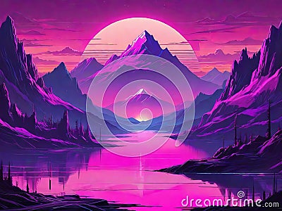 Lofi Futuristic Mountain Pink and Purple Retro Style Background. Stock Photo