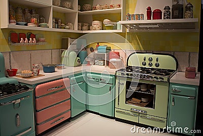 lofiori kitchen, with vintage appliances and simple accessories Stock Photo