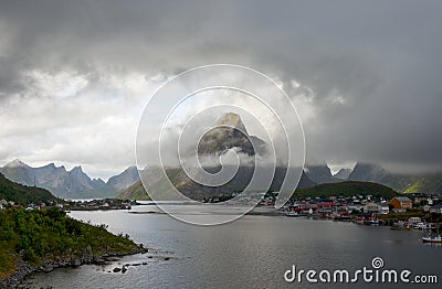 Lofoten Islands Aerial Landscape, Norway Seascape. Cloudy North View Stock Photo