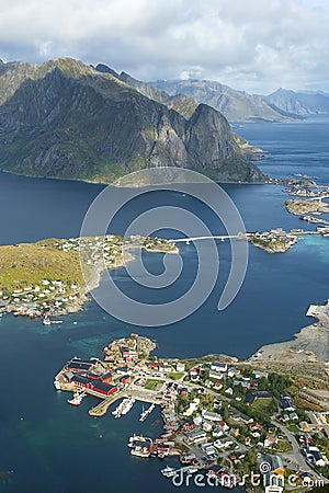 Lofoten Islands, Norway, panorama of the city of Reine from the top of the Reinebringen mountain Stock Photo