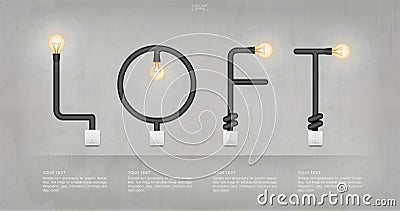 `LOFT` Abstract linear alphabet of light bulb and light switch on concrete wall background. Cartoon Illustration