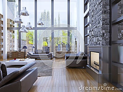 Loft apartment interior design with panoramic window interior Stock Photo