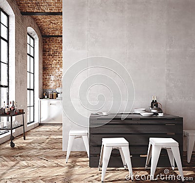 Loft apartment, kitchen interior, industrial style Stock Photo