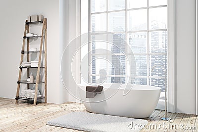 Loft bathroom corner, white tub, shelves Stock Photo