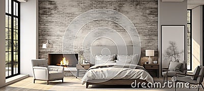 Loft bedroom with fireplace and brick wallCozy bed with pillow and coverlet on light background. Stock Photo