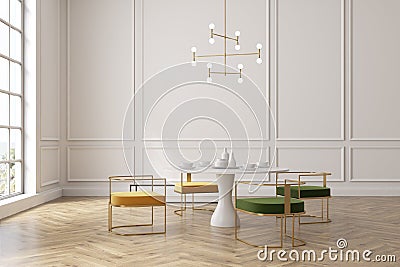 Loft dining room, yellow and green chairs, table Stock Photo