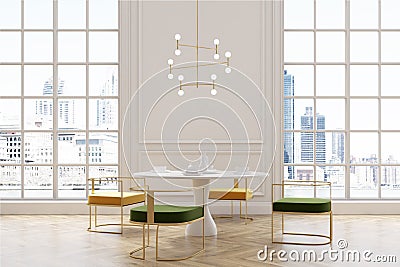 Loft dining room, yellow and green chairs Stock Photo