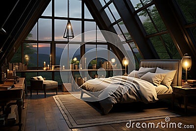 Loft elegance Master bedroom in dark attic with luxurious studio Stock Photo