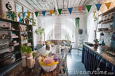 The loft-house is decorated for Easter. Easter decor home. Stock Photo