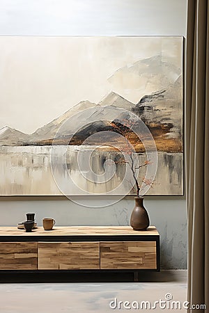 Loft interior in beige shades, abstract painting with a mountain landscape on the wall. Stock Photo