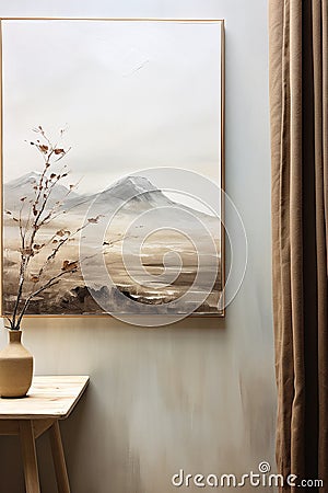 Loft interior in beige shades, abstract painting with a mountain landscape on the wall. Stock Photo