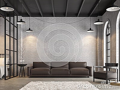 Loft living room and bedroom 3d render Stock Photo