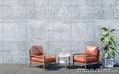 Loft living room interior with red retro arm chair and coffee table and decorative plants Stock Photo