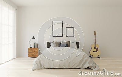 3D rendering Loft style bedroom with white wall ,wooden floor,big window,guitar, frame for mock up Stock Photo