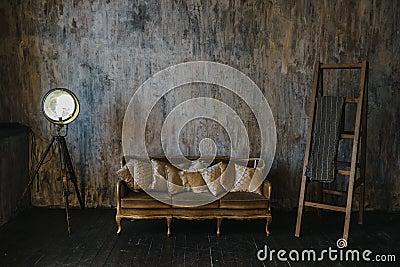 Loft style design. Texture wall. An old lantern. Wooden staircase Stock Photo