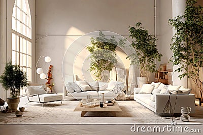 Loft style interior design of modern living room with white sofas. Created with generative AI Stock Photo