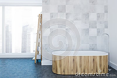 Loft white luxury bathroom interior, wooden tub Stock Photo