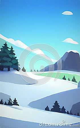 Lofty mountains, firs, and snow - abstract digital art Stock Photo