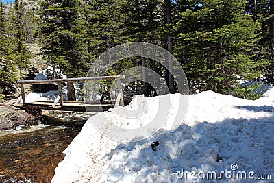 A log bridge crossing Glacier Creek with snowbanks covering the trail on Glacier Gorge Trail in Colorado Stock Photo