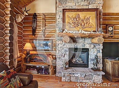 A modern log cabin great room Editorial Stock Photo