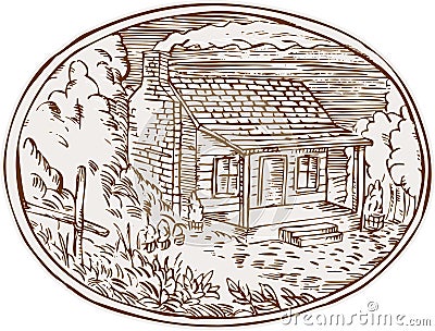 Log Cabin Farm House Oval Etching Vector Illustration