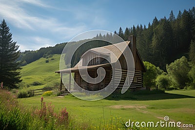 Log cabin in the heart of the valley surrounded by verdant green forests and rolling hills Stock Photo