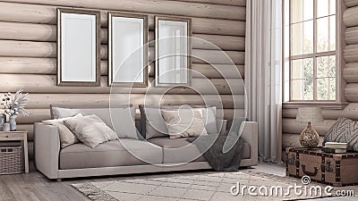 Log cabin living room in bleached wood and beige tones. Fabric sofa, carpet and windows. Frame mockup, farmhouse interior design Stock Photo