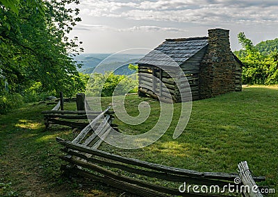 Log Cabin Overlooking the Valley on the Blue Ridge Parkway Editorial Stock Photo