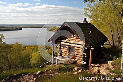 a log cabin perched on a bluff, with a view of the lake below Stock Photo