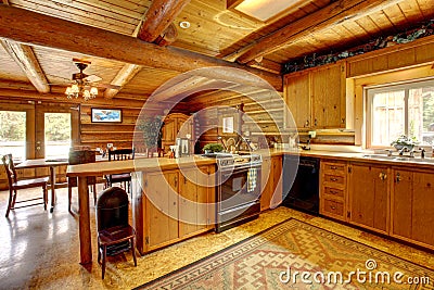 Log cabin wood kitchen with rustic style. Stock Photo