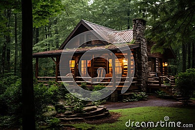 Log Cabin in Woods With Porch, Cozy Retreat Surrounded by Nature, A rustic log cabin nestled in the woods, AI Generated Stock Photo