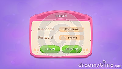 Log-in. GUI Kit casual assets for a game mobile, a set of user interface elements and pop-ups for the game interface Vector Illustration