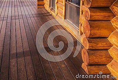 Log Home Cabin and Wooden Porch Floor Close Up Stock Photo