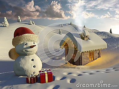 Log house in the snow at Christmas Stock Photo