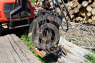 Log Loading Grapple on Old Truck Stock Photo