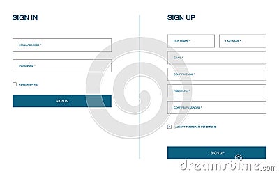 Log in and registration form. Template for sign in and sign up. Blank editable fields for members. New and existing user Vector Illustration