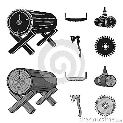 Log on supports, two-hand saw, ax, raising logs. Sawmill and timber set collection icons in black,monochrom style vector Vector Illustration