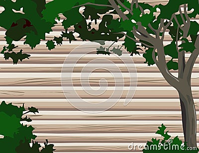Log Wall with Tree Vector Illustration