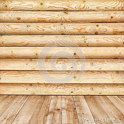 Log wall of yellow pine and wooden floor Stock Photo